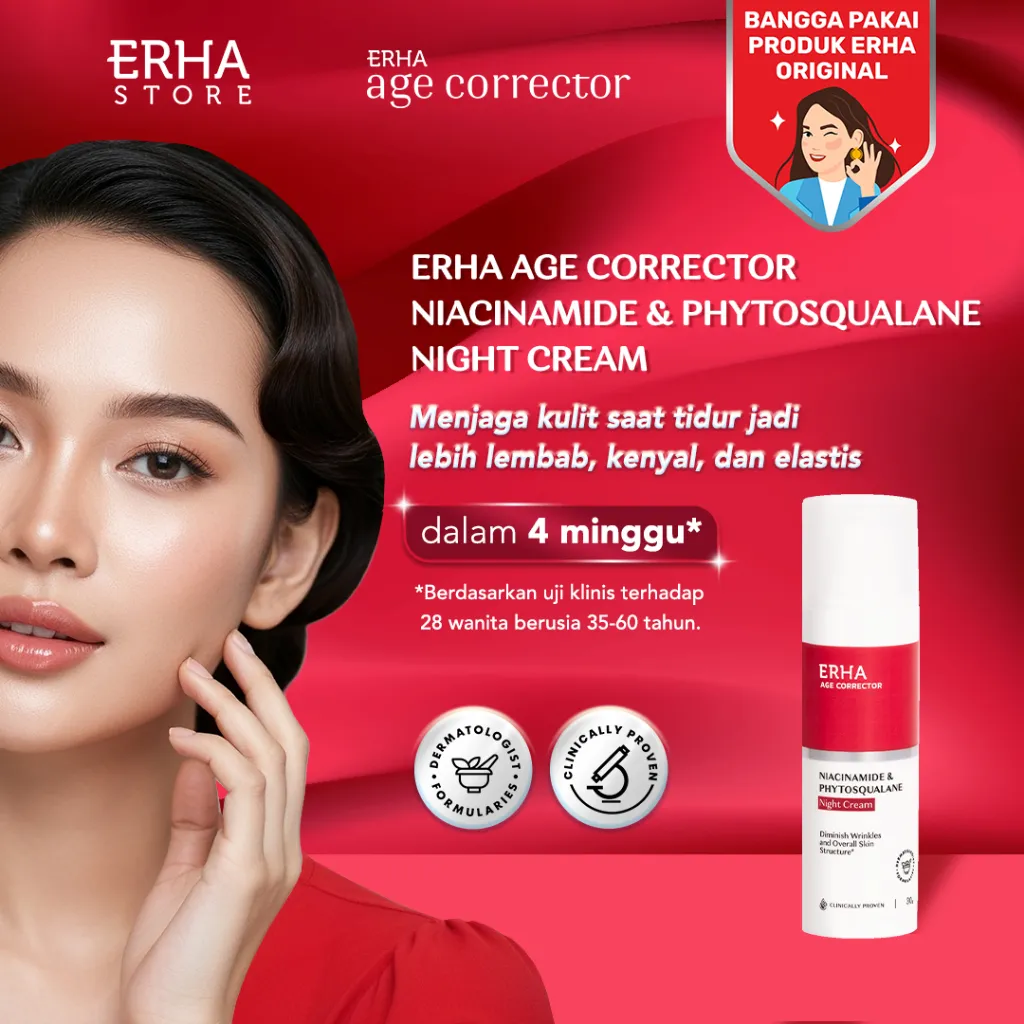 ERHA Age Corrector Niacinamide & Phytosqualane Night Cream 30g - Krim Malam Anti Aging | Melembabkan | Meremajakan Kulit | Meratakan Warna Kulit | Samarkan Garis Halus Keriput Kerutan | Moisturizer | Anti Penuaan | Pelembab
