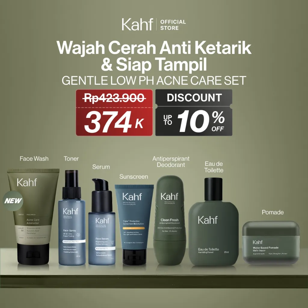 [KAHF BUNDLE 7IN1 PAKET PERAWATAN LENGKAP : WAJAH CERAH, ANTI KETARIK, & SIAP TAMPIL] Paket Complete Grooming (Face Wash + Toner + Serum + Sunscreen Moisturizer + Deodorant + EDT + Pomade/Hair Powder) - Approved by Barber and Suitable for Daily Use