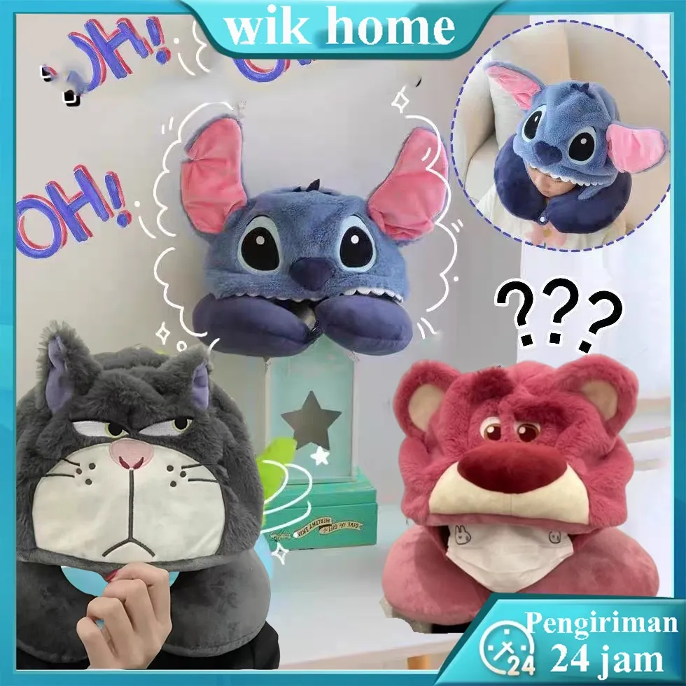 Stitch/Lotso Neck Pillow Bantal Leher Penutup Kepala Bantal Leher Hoodie Karakter Melody Cinnamoroll Stitch Lotso Shellie May U-shaped Neck Pillow Bantal Traveling Mobil Boneka Bentuk Topi Bantal Traveling U-shaped Neck Pillow Bantal Traveling Boneka Stit