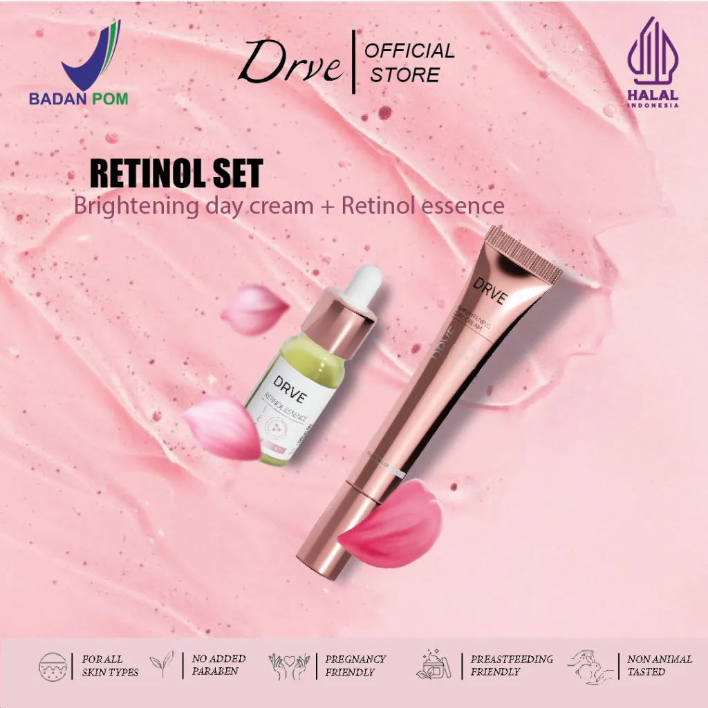 Drve Retinol Set Bundle 2 (Retinol Essence+Brightening Day Cream) Mengandung Niacinamide untuk membantu mencerahkan warna kulit wajah