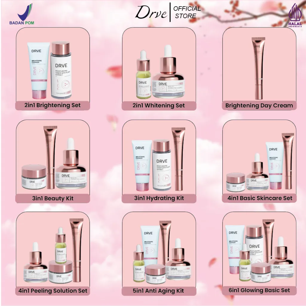 Drve Special Bundle Paket glowing brightening Cleanser + Moisturizing Toner + Retinol Essence + Hydrating Essence + Brightening day cream+moisturizer night cream Mengandung Niacinamide untuk mencerahkan kulit wajah