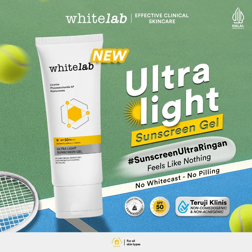 Whitelab Sunscreen Gel SPF 50 PA+++- Ultralight - Sunblock Anti Komedo Pelindung Sinar Matahari UV A UV B Blue Light dengan Niacinamide, Ringan, Tidak Lengket, Whitecast & Pilling [BPOM]