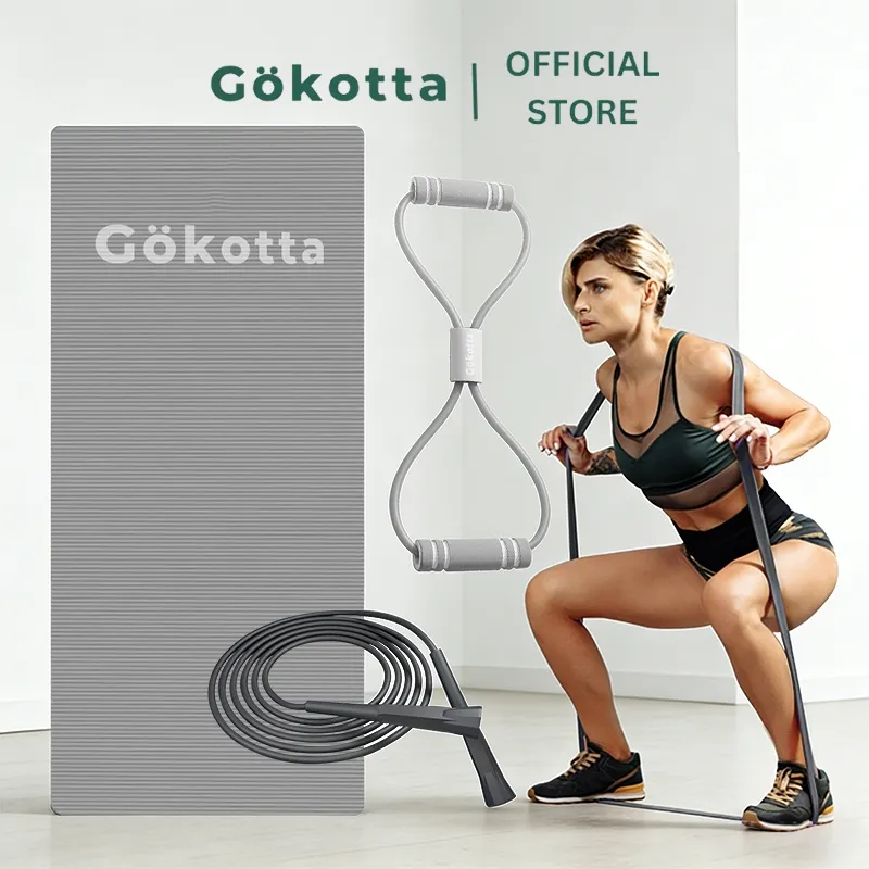 GOKOTTA Set Alat Olahraga Fitness Lengkap – Matras Yoga & Resistance Band Multifungsi Tali Yoga Dan Skipping