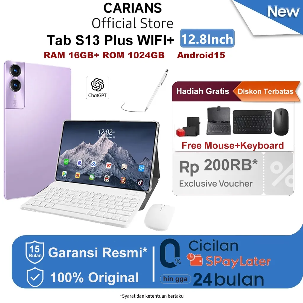 [Free Mouse Keyboard Case] Carians tablet android S13 Plus (16GB + 1024GB) | IPS 12.8" | Android 15 tablet murah untuk Belajar,Gaming, Kerja & Hiburan | 5G Dual SIM WiFi tablet anak android Kamera 64MP | Kapasitas baterai besar 12000 mAh