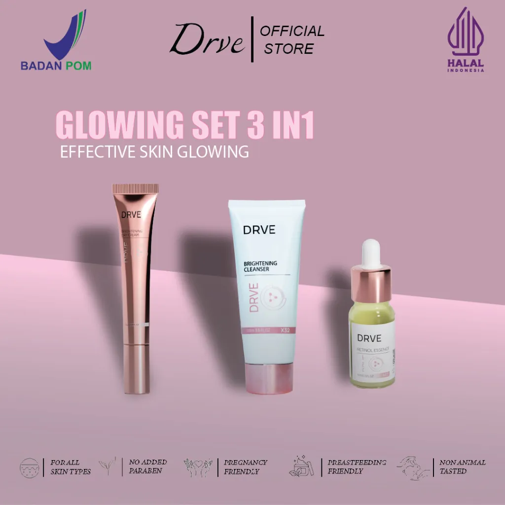 Drve Retinol Kit Bundle 3 (Brightening Cleanser+Brightening Day Cream+Retinol Essence)Mengandung Niacinamide membantu mengurangi tanda-tanda penuaan dini dan menjaga kelembapan kulit sepanjang hari