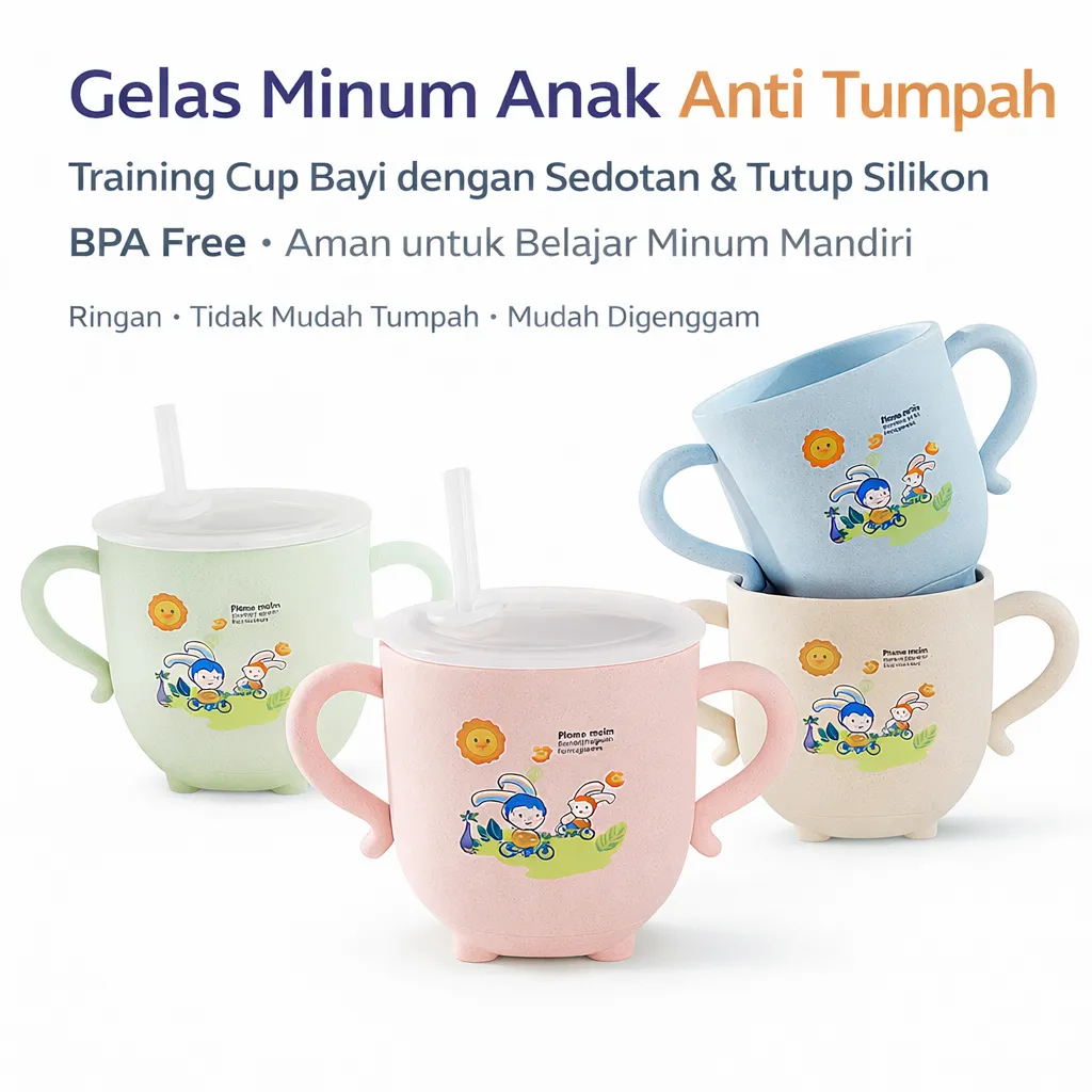 Training Cup Bayi Anti Tumpah – Gelas Minum Anak Sedotan Wheat Straw BPA Free 270ml