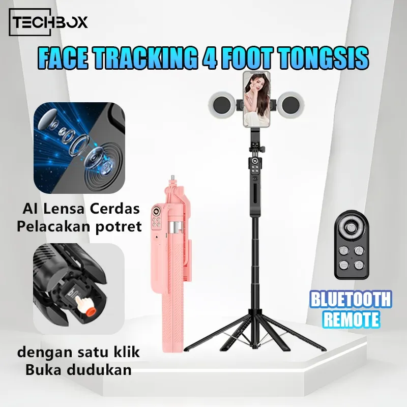 Tech Pelacakan Wajah Otomatis Tripod Selfie Stick 1.8m Gimbal Handphone Stabilizer 360 ° Stand 4-leg Tongsis dengan LED LAMPU Ganda Auto Face Tracking Tripod