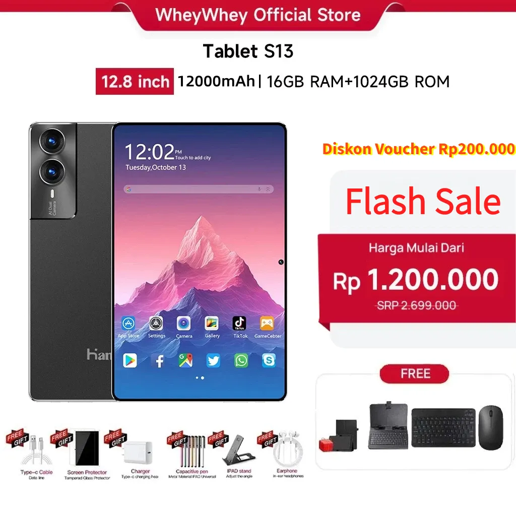 Wheywhey Tablet S13 (16GB + 1024GB)Android15 | IPS 12.8" | Tablet Murah untuk Belajar,Gaming, Kerja & Hiburan | 5G Dual SIM, WiFi Tablet  Dual SIM - Untuk Keluarga, Sekolah & Gaming - Garansi Resmi