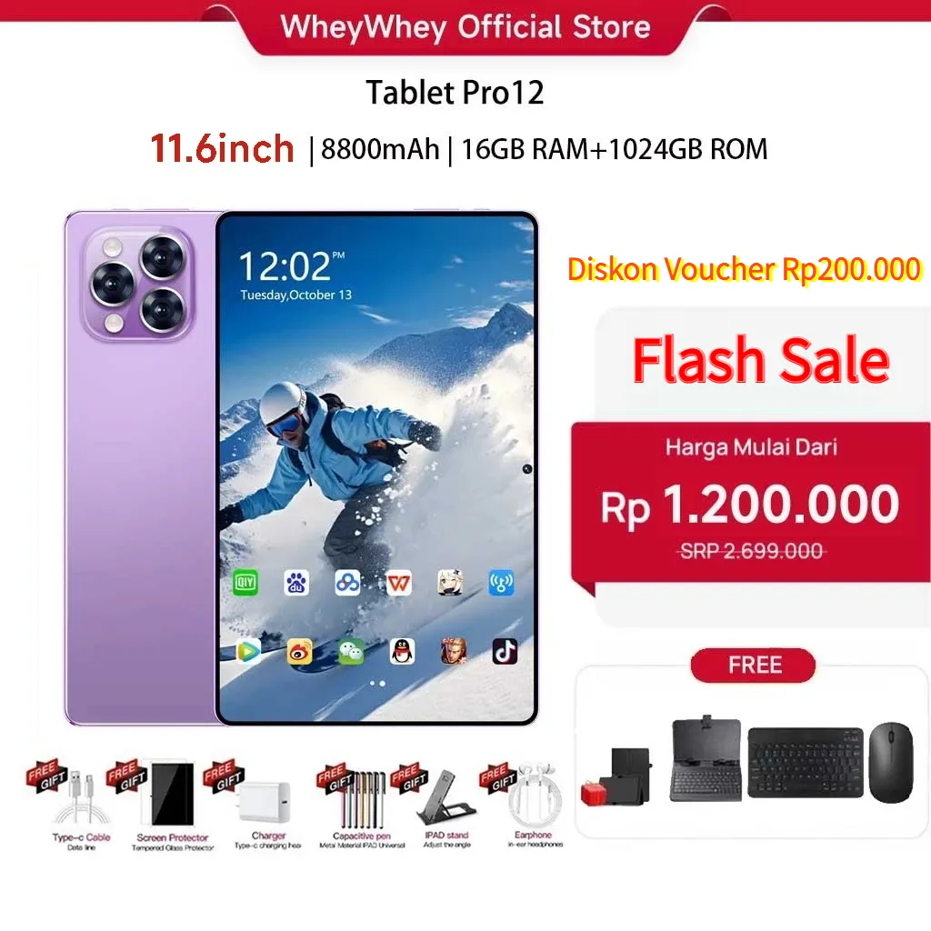 {Free+Keyboard+Mouse+Case} Wheywhey tablet android Pro12 11.6" 16GB+1024GB | 8800mAh | Kamera 48MP | 5G+WiFi+Dual SIM | Untuk Gaming & Belajar | IPS Full Screen | Android 13 | Garansi 1 Tahun advan tablet murah 100ribuan anak tablet android murah