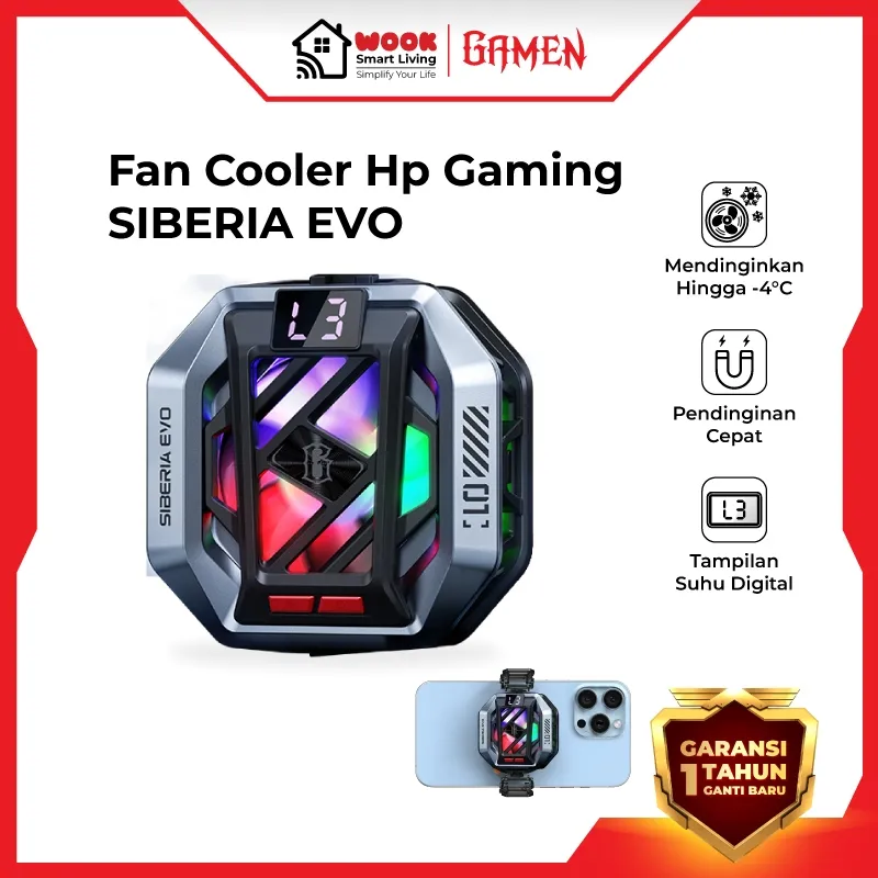 GAMEN Siberia Evo Fan Cooler Pendingin HP Super Cepat Teknologi Tembaga Semiconductor Turunkan Suhu hingga Minus 4 Derajat Magnetic Suction dan Clip Design LED Display Suhu Real Time RGB Light Gaming Aksesoris Pendingin Handphone