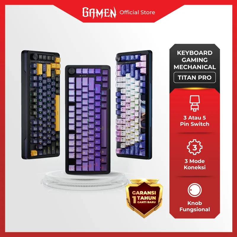 GAMEN Keyboard Mechanical Gaming Wireless 3 Mode Gasket Structure 81 Keys Titan Pro Silver Switch RGB Light Multifunction Knob Anti-Ghosting Semua Tombol Mechanical Keyboard Wireless Bluetooth 2.4G Type-C Original