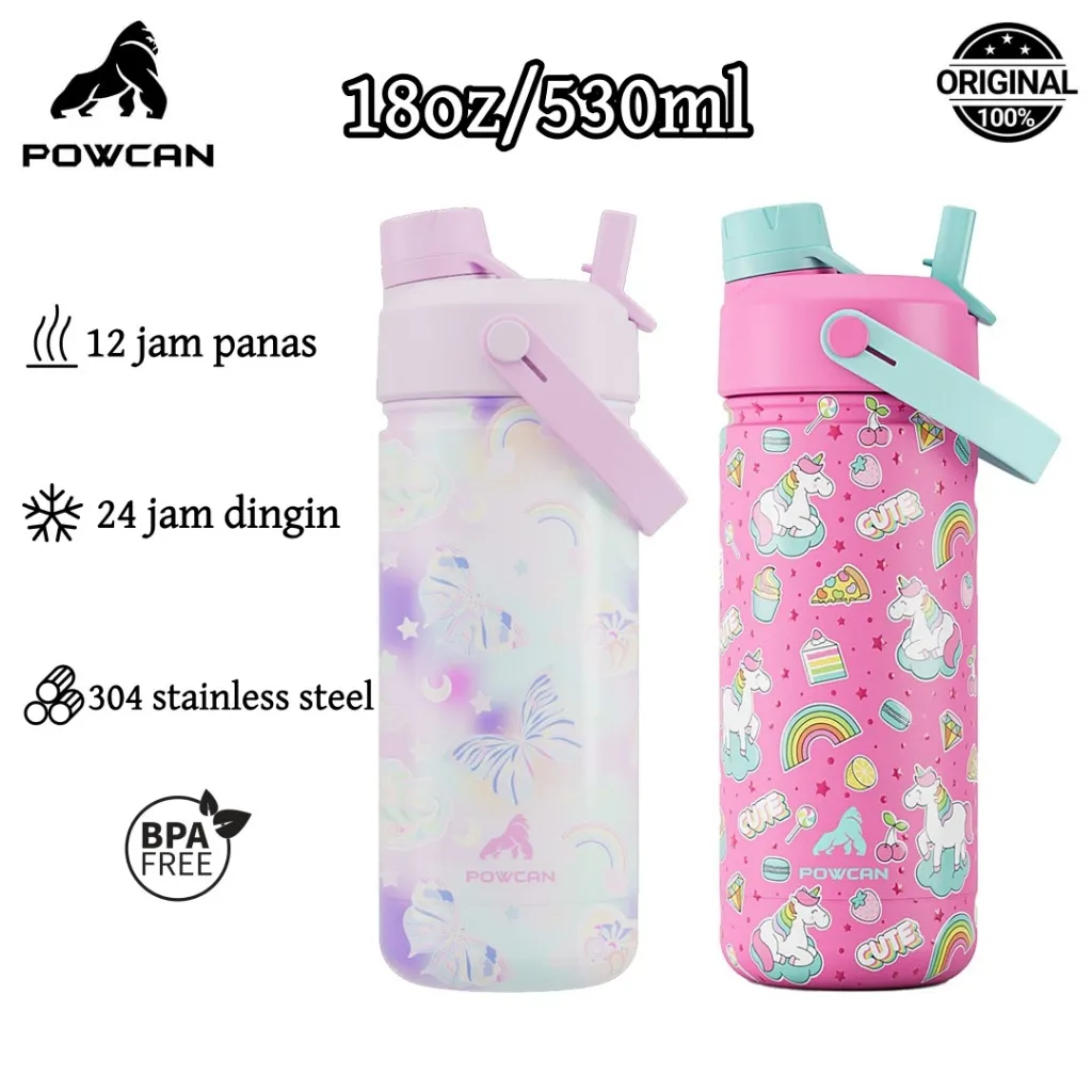 POWCAN 18oz (530ml) cangkir termos kartun cangkir termos anak-anak portabel dengan sedotan cangkir termos anti bocor tahan lama