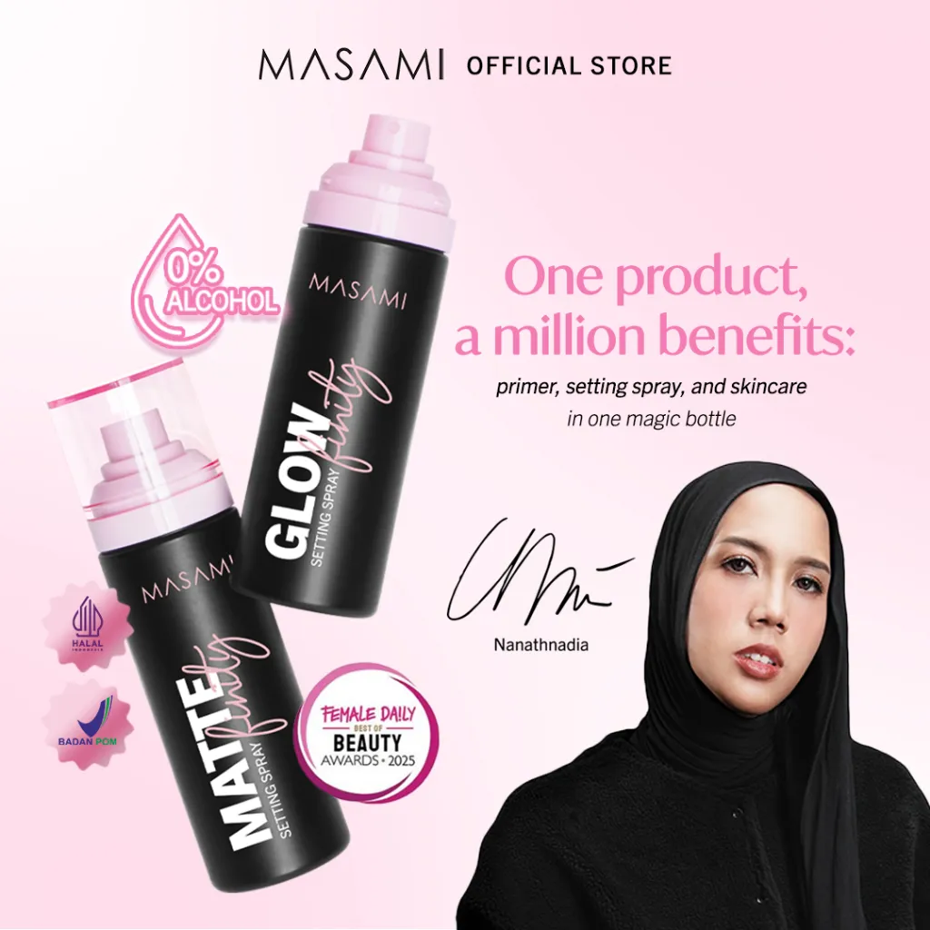 Masami x Nanath Nadia Mattefinity & Glowfinity Setting Spray 100ml / Long Lasting Make Up 16 Jam | Moisturizing Flawless Dewy Matte Finish | Face Mist Spray Primer | Melembabkan Kulit dan Kontrol Minyak Berlebih | Makeup Waterproof Tahan Lama Anti Luntur