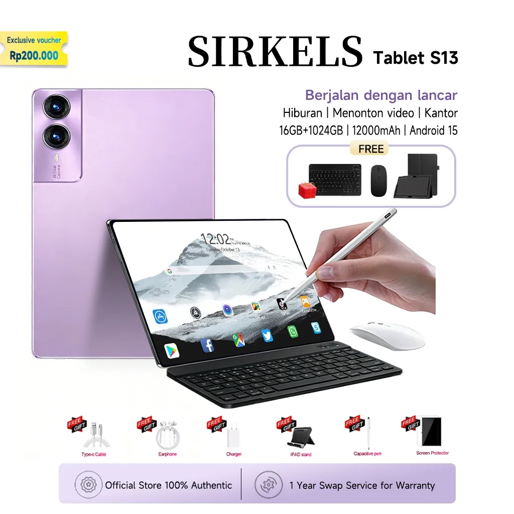 [Free Keyboard Mouse Case]SIRKELS Tablet S13 12.8''IPS Screen 16GB+1024GB ROM | 12000mAh | Android 15 | 5G Dual SIM Wifi | Layar besar 12.8inch | belajar kantor bermain game [Sirkels Official Store]