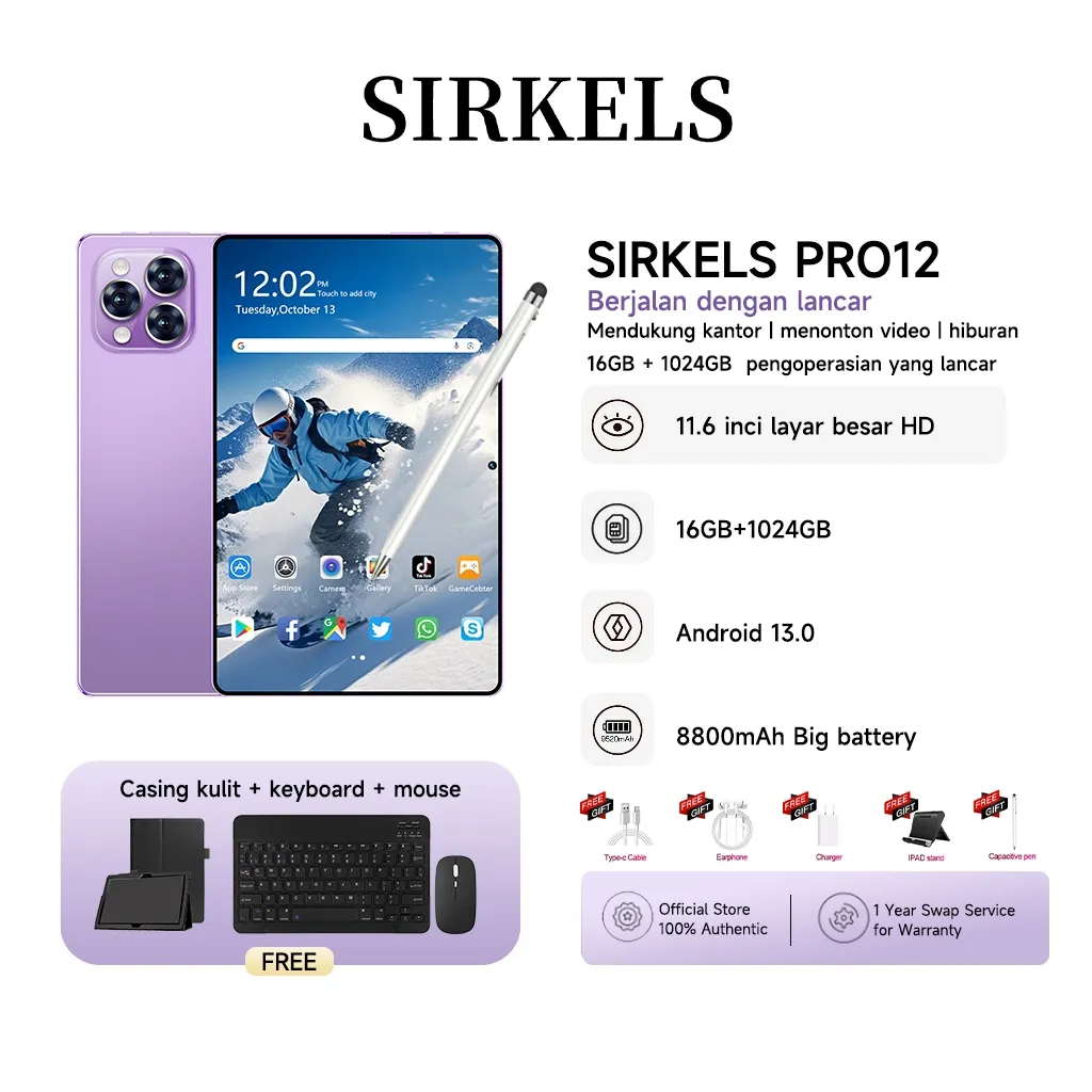 Tablet Pro12 11.6 Inch | RAM 16GB + 1024GB ROM | Layar 8800Mah Full Screen [SIRKELS Official Store]