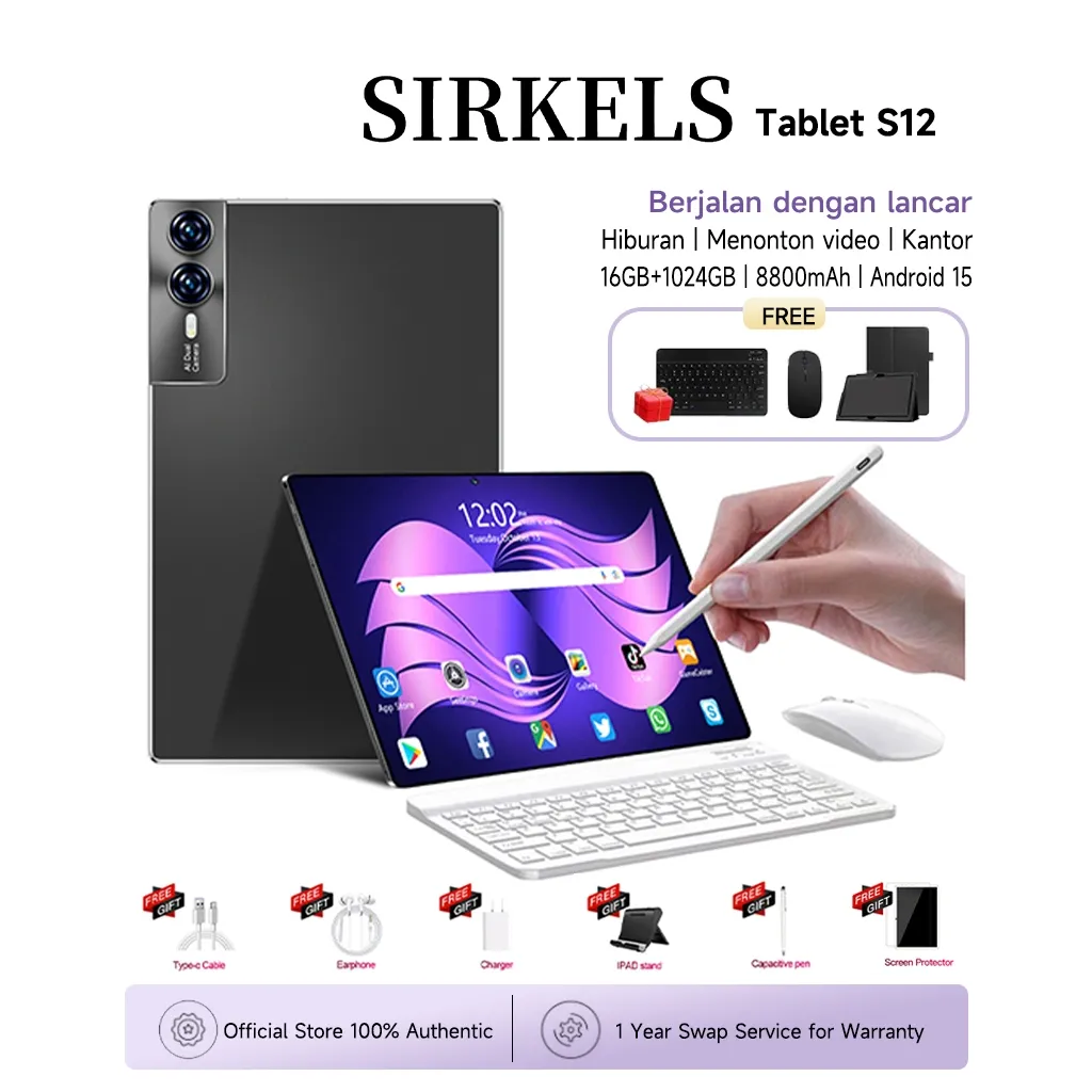 [Free Keyboard Mouse Case]SIRKELS Tablet S12 | RAM 16GB + 1024GB ROM | 11.6"Layar Super-jernih | 8800mAh | Tablet + Mouse + Keyboard + Case | 5G Dual SIM Wifi | Layar besar 11.6 inci