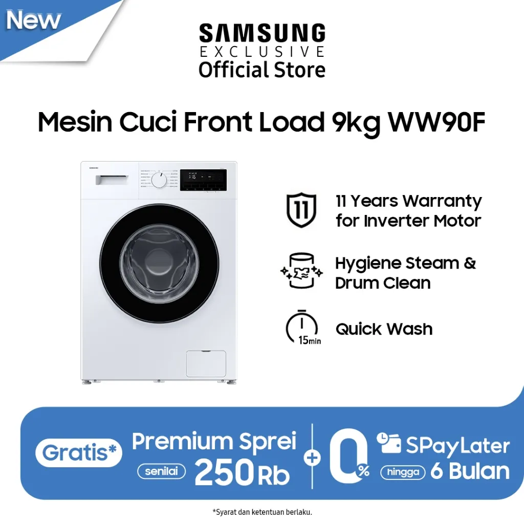Samsung Mesin Cuci Front Load 9Kg | Hygiene Steam | Drum Clean | WW90FG3M05AWSE