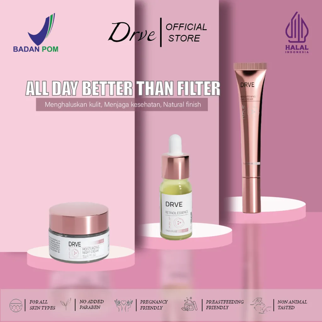 Drve Glowing Kit Bundle 3 (Retinol Essence+Brightening Day Cream+Moisturizing Night Cream) Mengandung Niacinamie membantu mencerahkan, menghaluskan kulit, menjaga kesehatan kulit, natural finish