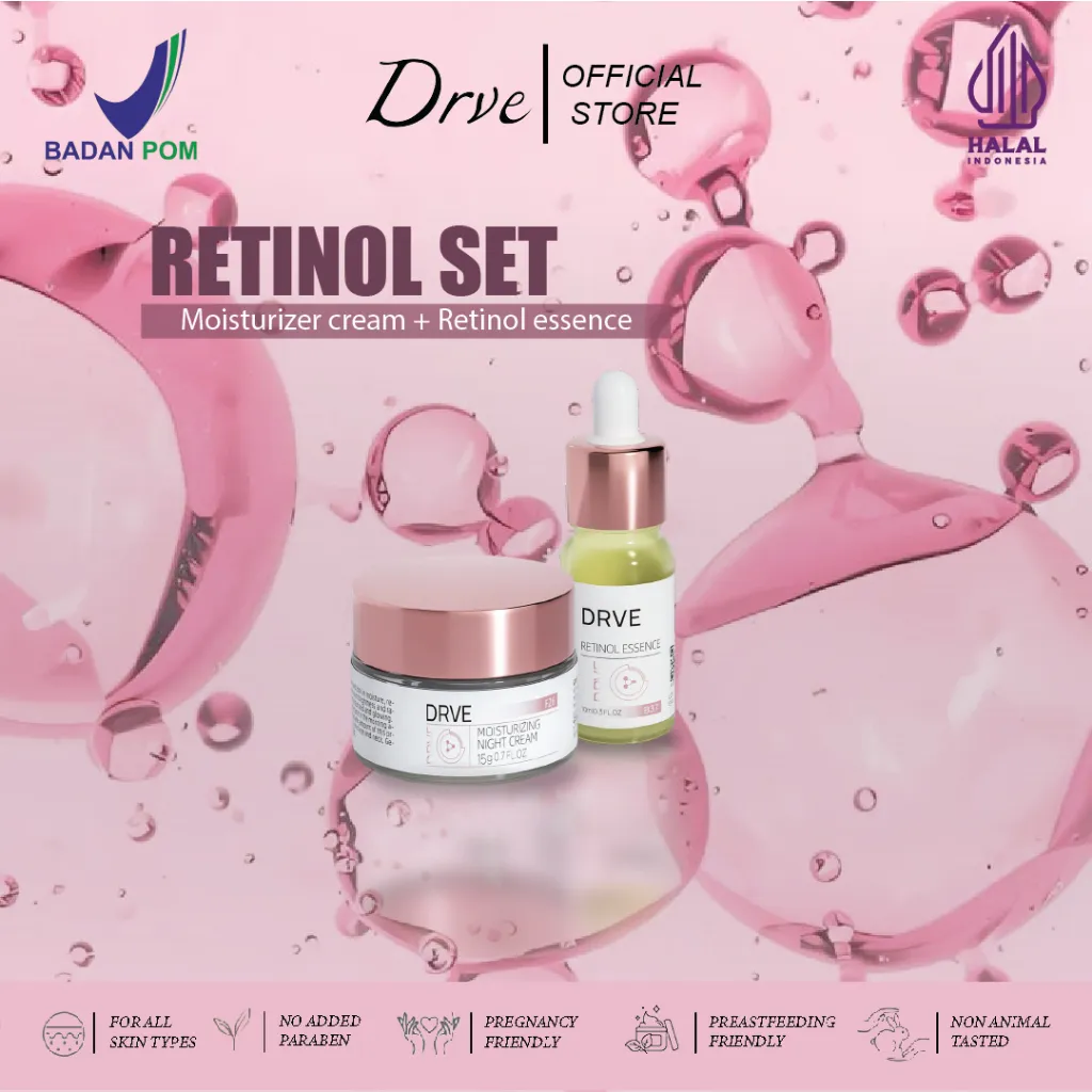 Drve Glowing Set Bundle 2 (Retinol Essence+Moisturizing Night Cream) Dengan Kandungan Niacinamide yg membantu mencerahkan wajah