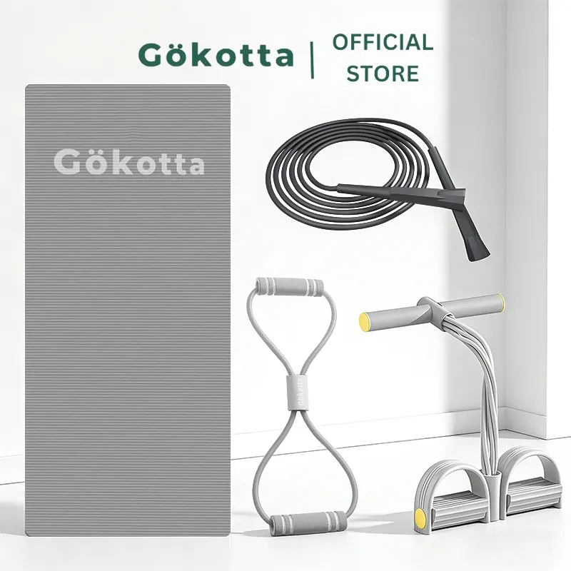GOKOTTA Home Workout Set 4in1 – Matras Yoga, Tali Skipping, Resistance Band & Push Up BarYoga, Tali Skipping, Resistance Band &Tummy Trimmer