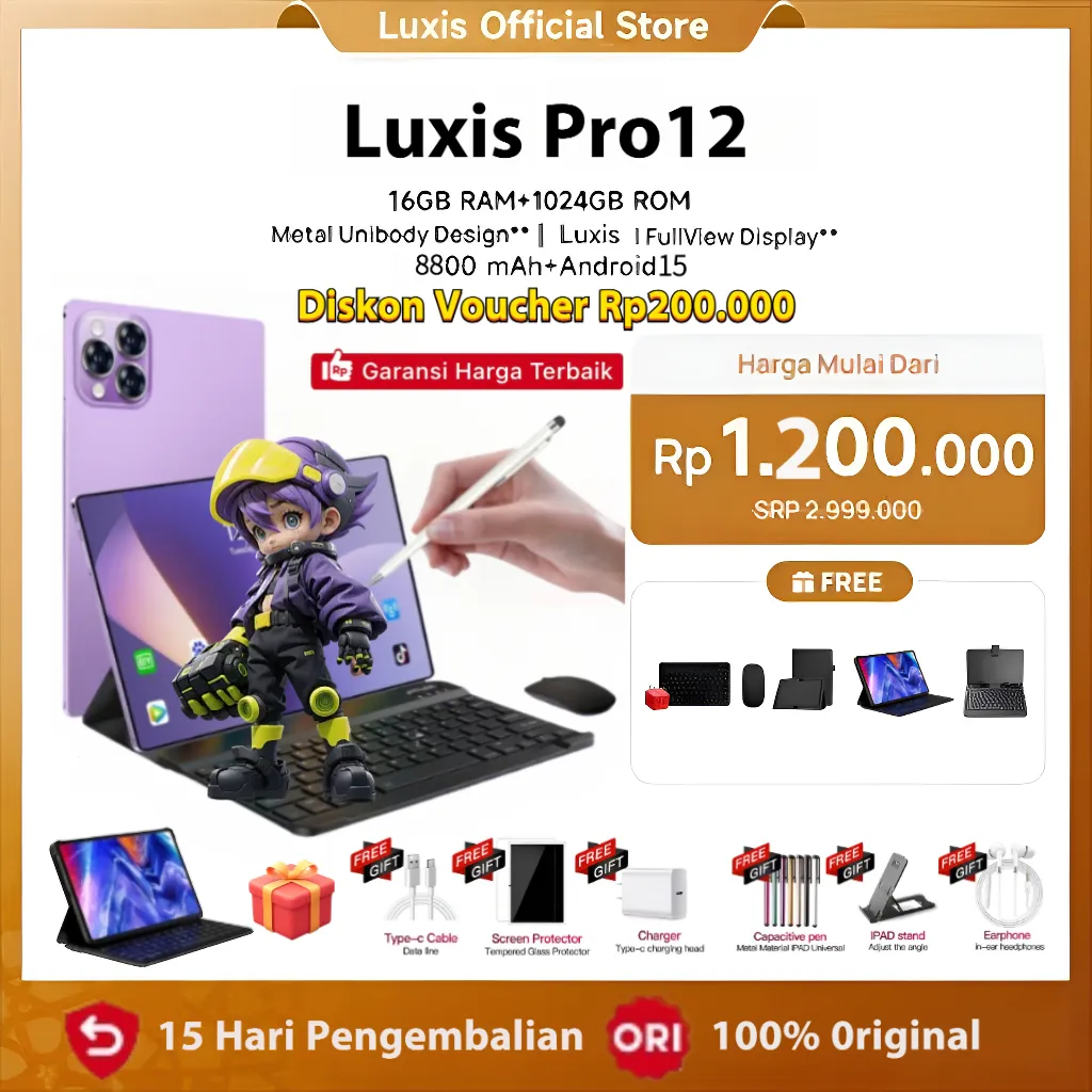 [Free Mouse Keyboard Case] Luxis Tablet Pro12 (16GB+1024GB)Android15 |11.6inch"lPS Screentablet android 8800mAh Dual Sim CardadvanTablet Murah100ribuan Anak Tablet android murah Diskon 50%,penawaran menarik 100% asli, dukungan COD Tab Luxis Official Store