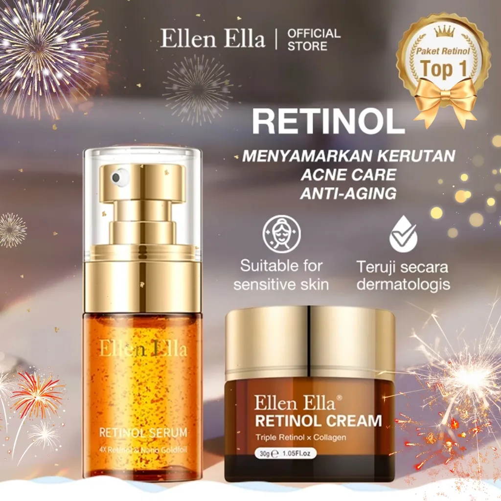 ELLEN ELLA Triple Retinol Set Kolagen Krim Wajah + Serum Wajah VA Anti Aging Whitening Memperbarui Kulit Mengurangi Garis-garis Halus Kerut 2 Pcs