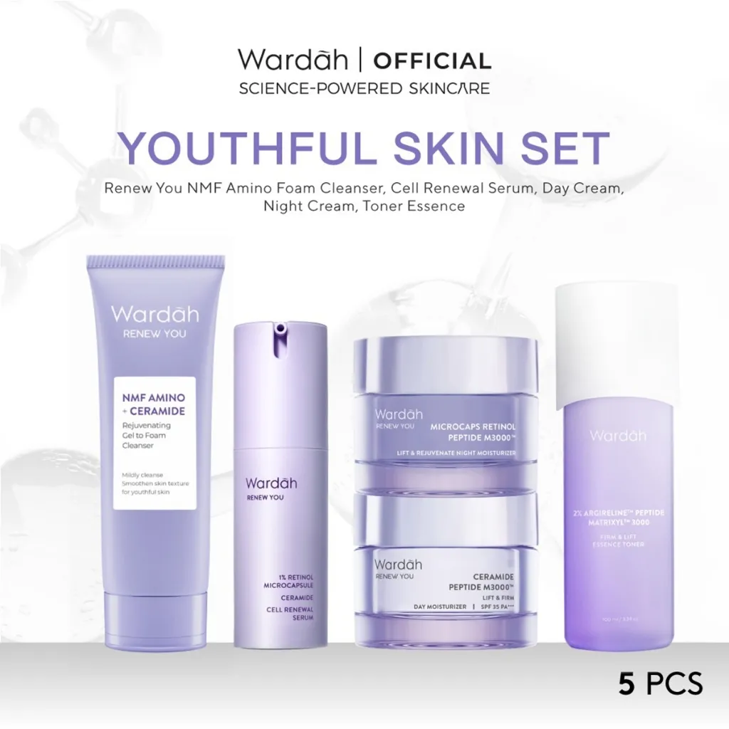 Wardah Paket 5 pcs Skincare Solusi Masalah Kulit - Facial Wash, Moisturizer, Serum, Sunscreen, & Toner (Acnederm, Cica, Panthenol, UV Shield, Amino Face Wash, Airy, Crystal Secret, Lightening) - Skincare