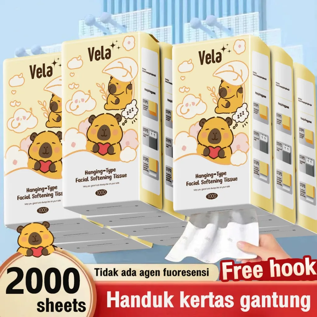 [2 pack Free hook]VelaTisu Gantung Tissue Wajah Halus 1000 Lembar Tisu Toilet Gantung Soft Tissue Serbaguna Lembut dan Higienis