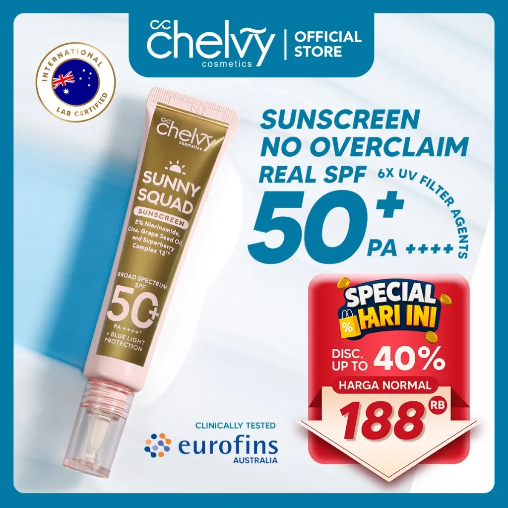 CHELVY Sunny Squad Hybrid Sunscreen SPF 50+ PA++++ | Sunscreen Tone Up Mencerahkan Moisturizer Tabir Surya Sunblock UVA UVB Blue Light Waterproof Kulit Berjerawat Berminyak Sensitif Melembabkan With Cica Niacinamide