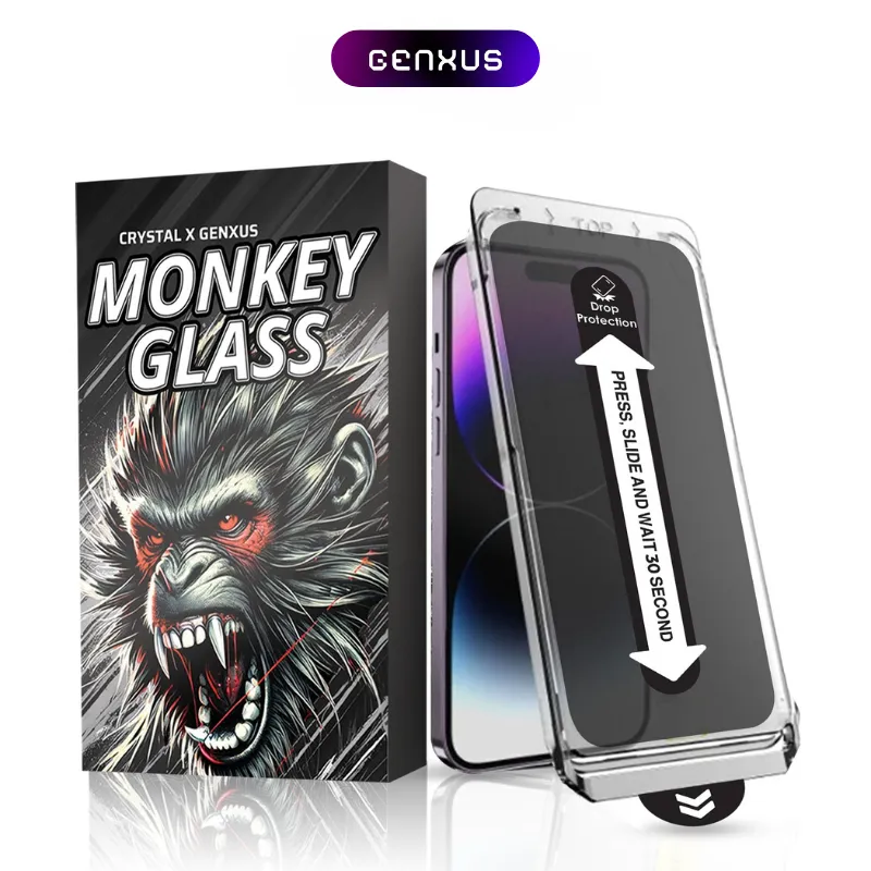 Genxus Tempered Glass Clear/Privacy Monkey Glass Glossy Auto Align Tech Anti Gagal Screen Protector for iPhone X-17 Series Gorilla Glass