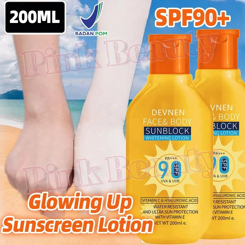 200ML Glowing Up Sunscreen Lotion Whitening Sunblock Cream SPF90+ PA+++ Wajah Dan Badan Sunscreen Sun Protect & Moisture Original Sunblock UVA/UVB Sun Protection Tahan Air Double Whitening Lightweight Refreshing Waterproof Oil-Free Formula