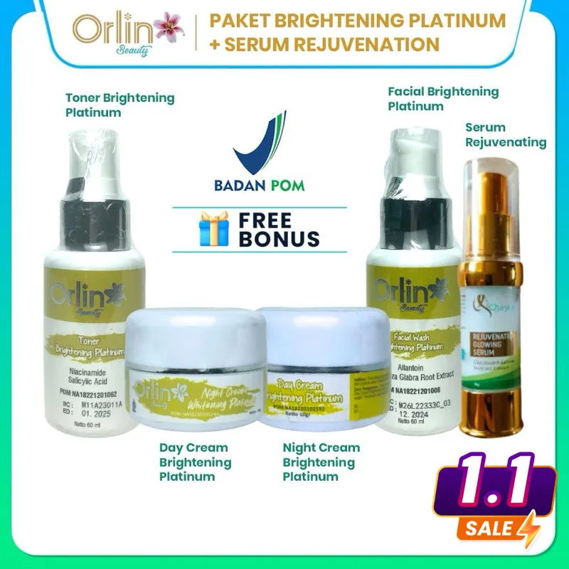 Paket Brightening Platinum + Serum Rejuvenation Orlin Beauty Skincare Mencerahkan Wajah Kulit Glowing Anti Kusam Mengecilkan Pori BPOM