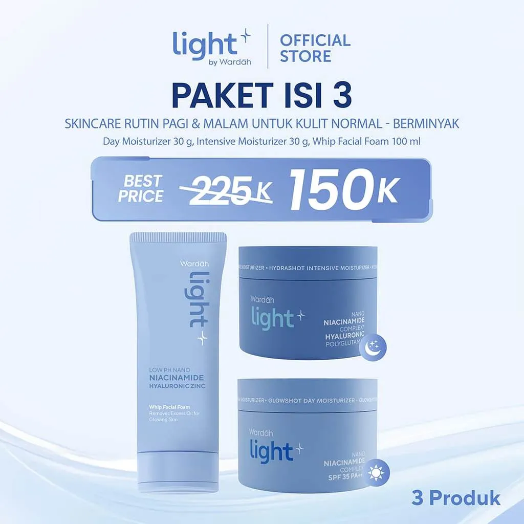 Light+ Paket 3 pcs Low pH Nano Niacinamide Whip Face Wash, Hydrashot Intensive, Glowshot Day Moisturizer | Cream Bright Pelembab Pemutih Wajah Facial BPOM Sabun Cuci Muka Lightening Light Plus Light+ Lite Liteplus Lite+ Skincare