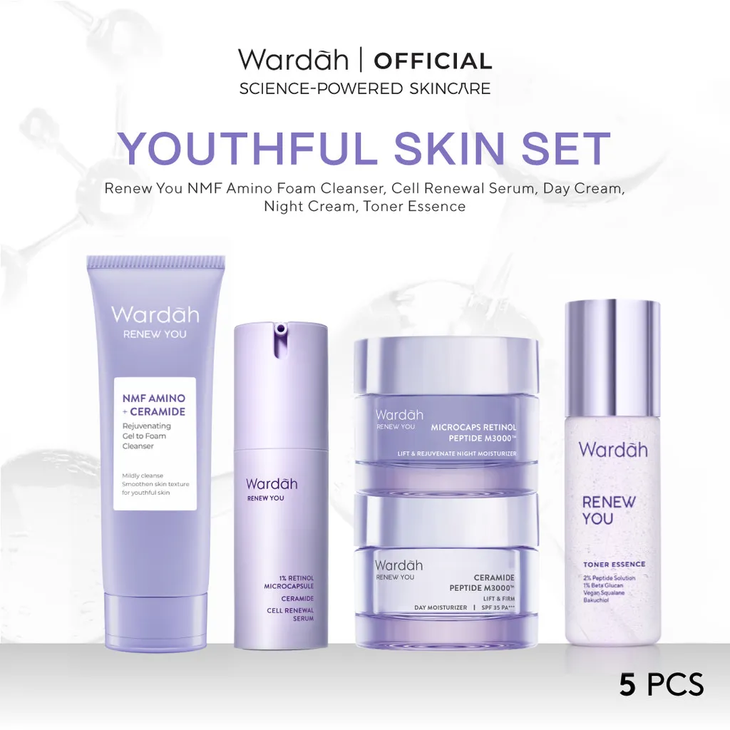 WARDAH Paket 5 pcs - Paket Skincare Solusi Masalah Kulit - Face Wash, Moisturizer, Serum, Sunscreen, & Toner (Acnederm, Cica, Panthenol, UV Shield, Amino Facial Wash, Airy, Crystal Secret, Lightening) - Skincare