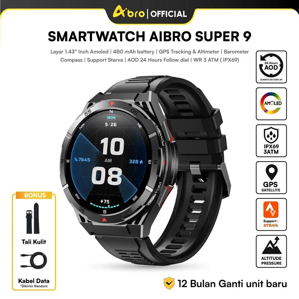 Smartwatch Amoled Aibro SUPER 9 Jam Tangan Anti Air Layar Full HD Amoled | IPX69 anti dust 3ATM  | Bluetooth Call