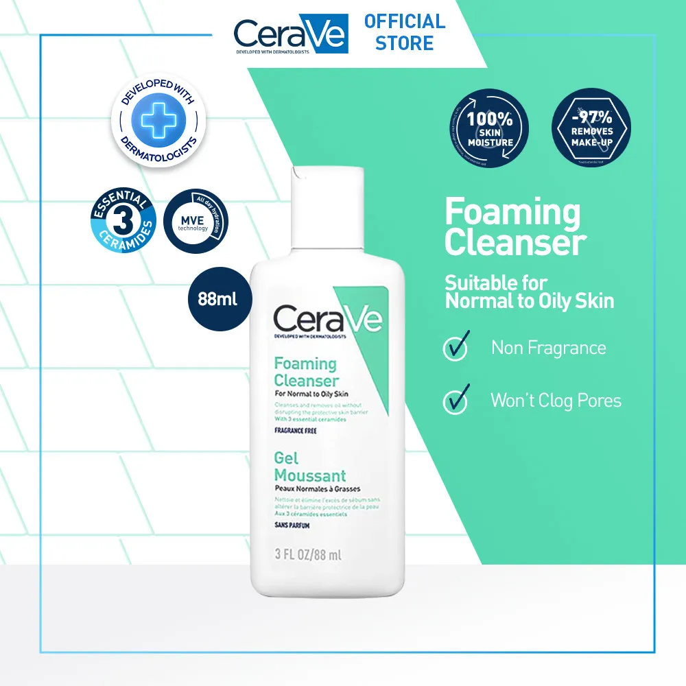 CeraVe Foaming Cleanser 88 ml – Skin Barrier Face Wash with Ceramide for Normal to Oily Skin [Pembersih Wajah Untuk Kulit Berminyak]