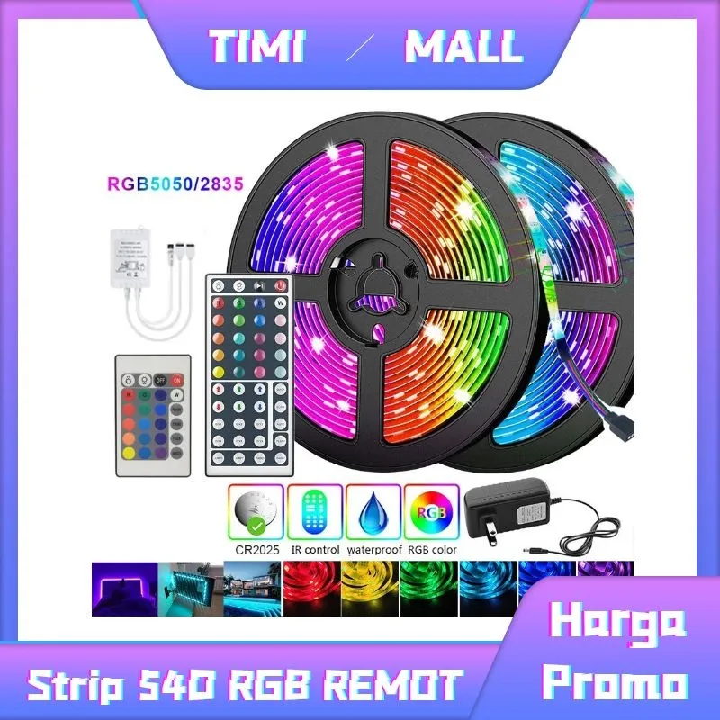 ❤️TIMIMALL❤️ LAMPU LED STRIP RGB Warna Warni 2835/5050 Komplit Set Adaptor Remote WATERPROOF