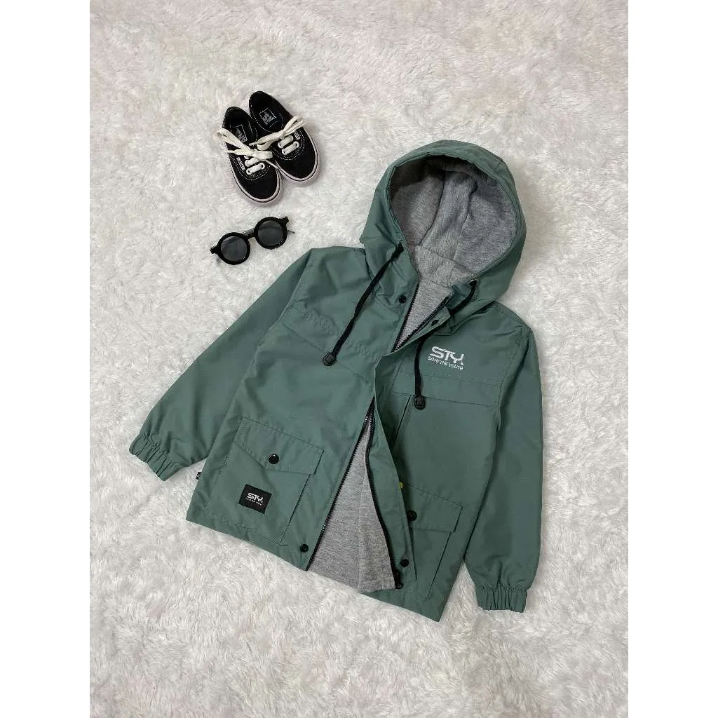 Save The Youth - Jaket Parasut Anak Laki Laki dan Perempuan Terbaru Usia 3-14 Tahun Sage Green Hitam