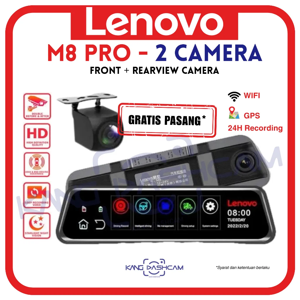 Lenovo M8 PRO 4K WiFi ADAS GPS E-Mirror Dashcam Kamera Mobil