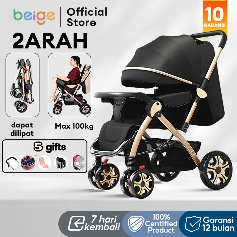 BEIGE Stroller Bayi Lipat 2 Arah Muatan 100kg Ringan untuk Travel Aktivitas Harian