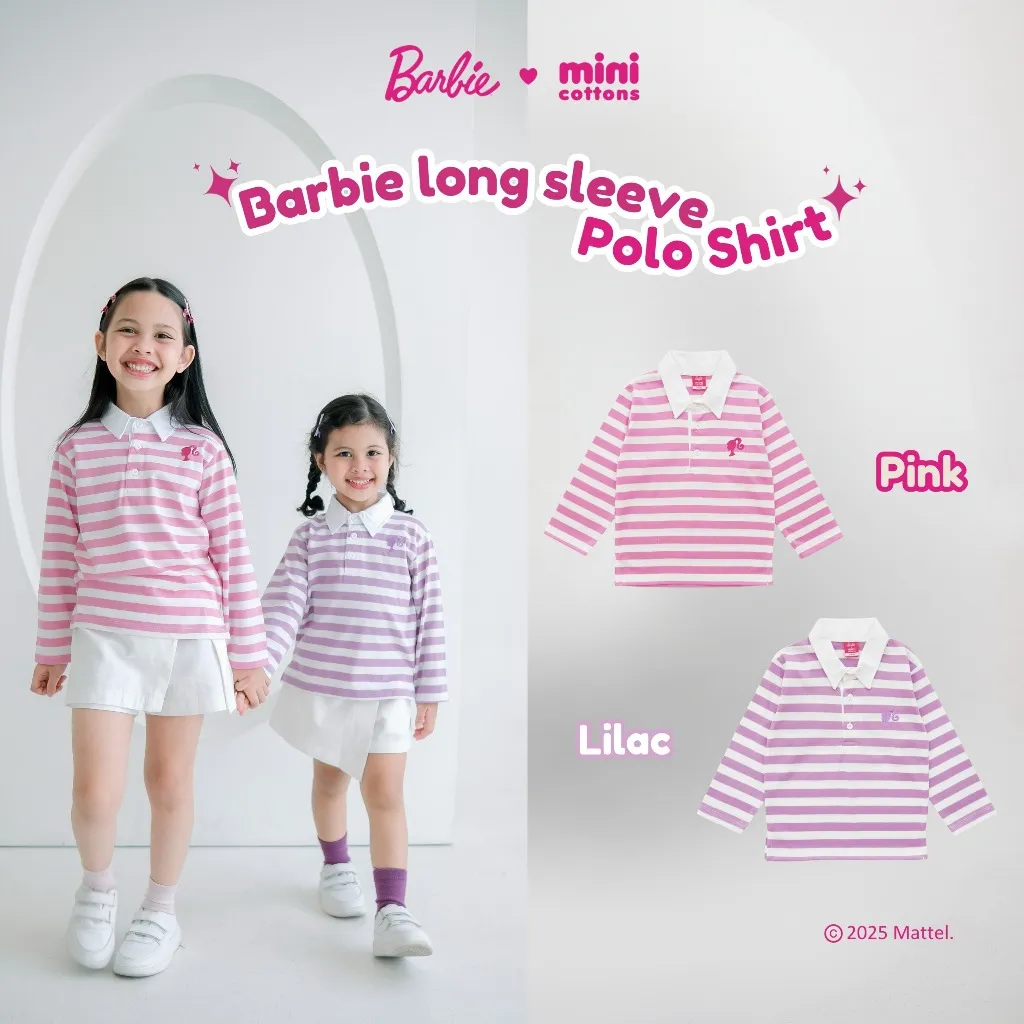 Barbie x Minicottons Long Sleeve Polo Stripe Tshirt Lengan Panjang Polo Salur Anak Unisex 1-12 Tahun