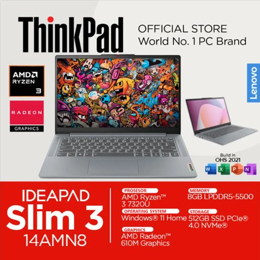 Lenovo Ideapad Slim 3 AMD Ryzen 3 7320U 8GB 512GB SSD Windows 11 OHS 14 Inch FHD 9VID