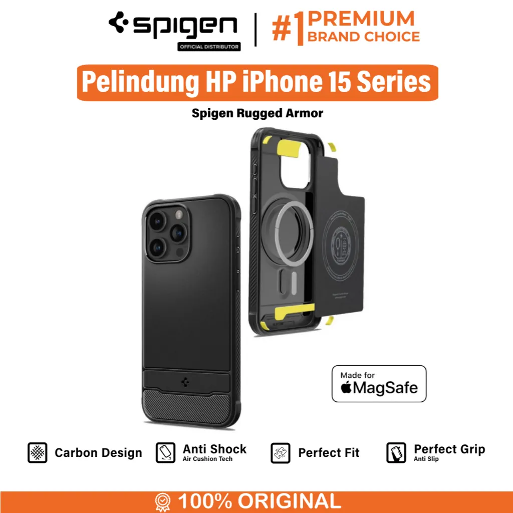 Case iPhone 15 Pro Max Plus Spigen Rugged Armor MagSafe Carbon Casing