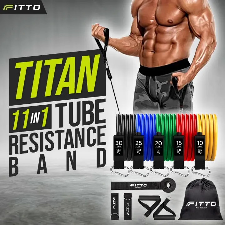 FITTO TITAN Power Resistance Tube Band Set 11 in 1 Tube Fitness Gym Tali Tube Elastis Gym
