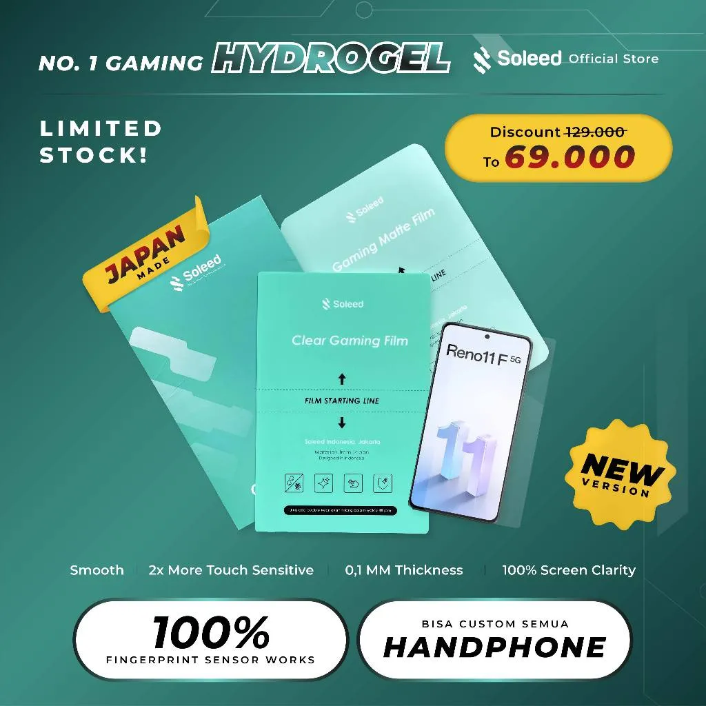 SOLEED - Oppo Smartphone Series | Anti Gores Hydrogel Gaming - Not Tempered Glass | Reno 11F 12F 12 10 9 8 4F 5G Pro Find X6 A18 A77S A57 A79 A16 A17 A55 A53 A60 A78 A38 A98 A54 A3 A3x A3 A79 | Screen Protector HydroGuard Oleophobic Coating Hydrophobic
