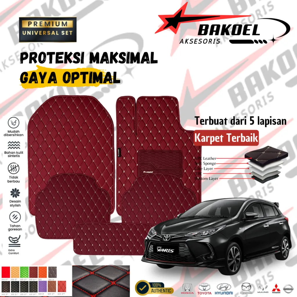 Bakoel Aksesoris Karpet Mobil Kulit 2 Baris 5 Pcs - Baris Universal 7D Car Mats Leather Waterproof Premium Mudah Di Bersihkan Anti Selip