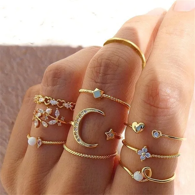 Mireya Cincin 10 Pcs Luxury Gold Ring Set for Women Butterfly Pearl Crystal Oil Drop Rings Simple Accessories Jewelry Alloy Gold