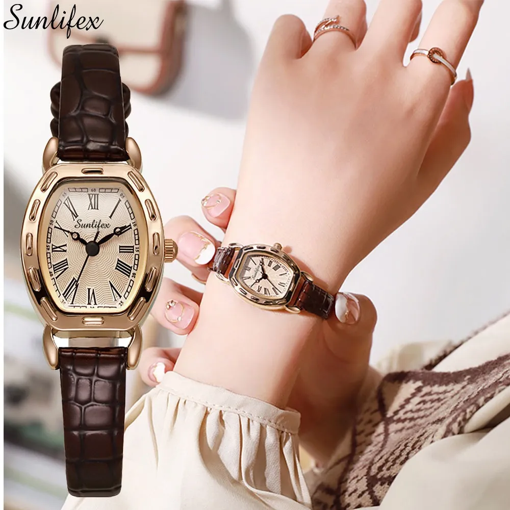 Sunlifex Jam Tangan Wanita Anti Air Kuarsa Elegan Vintage Tali Kulit Santai Jam Tangan Cewek Original 3345