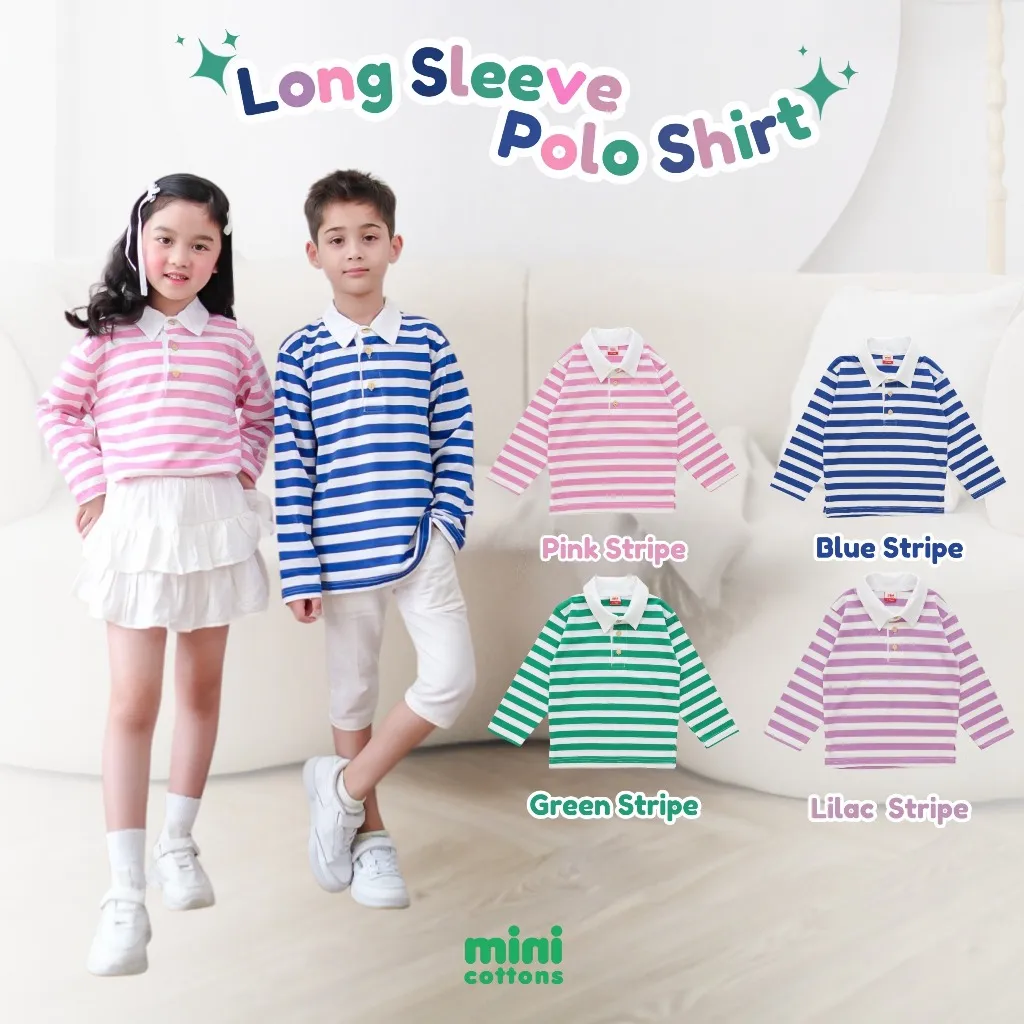 MINI COTTONS Long Sleeve Polo Stripe Tshirt Lengan Panjang Polo Salur Anak Unisex 1-12 Tahun