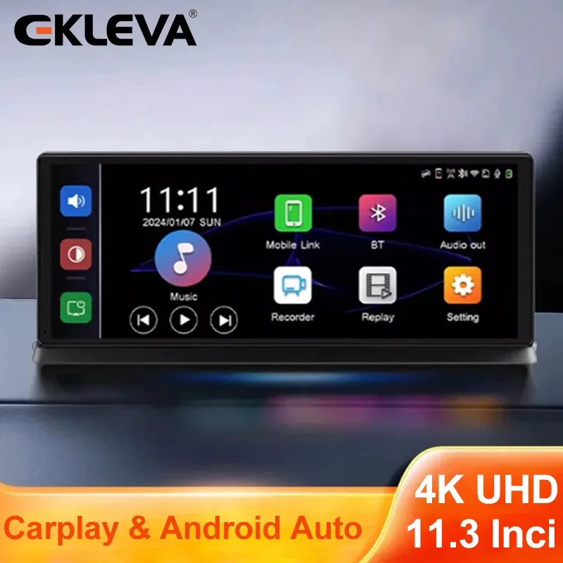 EKLEVA Dashcam Mobil Dual Kamera 4K UHD 11.3 Inci Layar Sentuh DVR Mobil WIFI Bluetooth Support Carplay & Android Auto